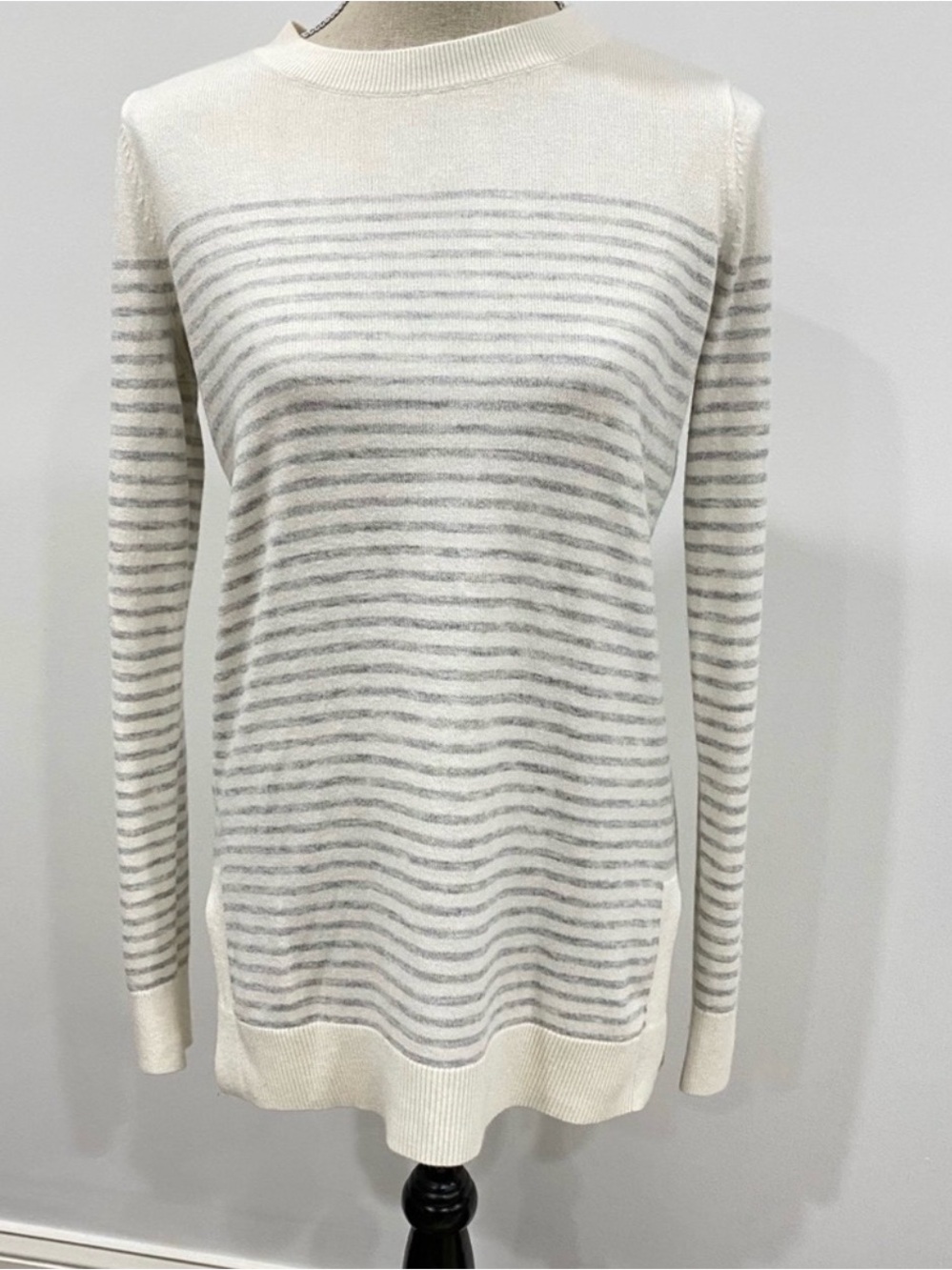 LOFT Cream and Light Gray Striped Crewneck Sweater